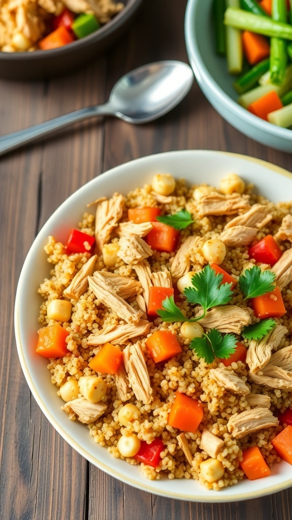 A bowl of quinoa chicken with shredded chicken, quinoa, and bell peppers, garnished with cilantro on a rustic table.